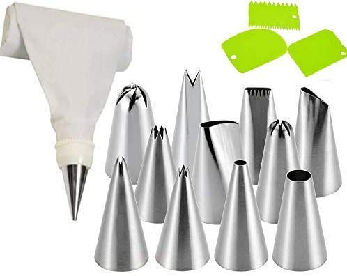Greenstone Cake 12 Piece Cake Decorating Set Frosting Icing Piping Bag Tips With Steel Nozzles. Reusable & Washable With 3 Piece