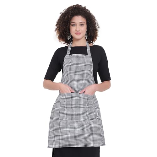 Glun Kitchen Cooking Aprons, Small White & Black Checkered Color Adjustable Bib, Chef Apron With 2 Pockets, Long Ties, Long Neck