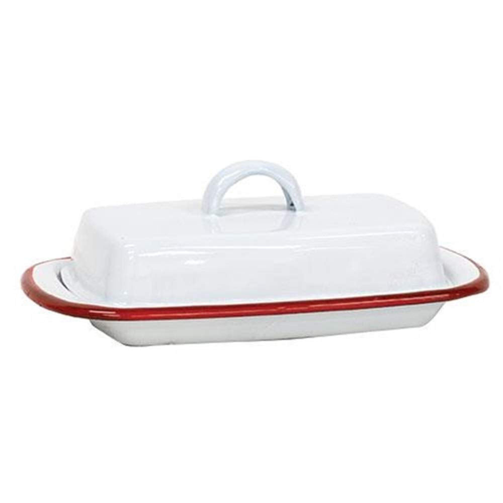 Vintage Farmhouse Red Rim Enamel Butter Dish