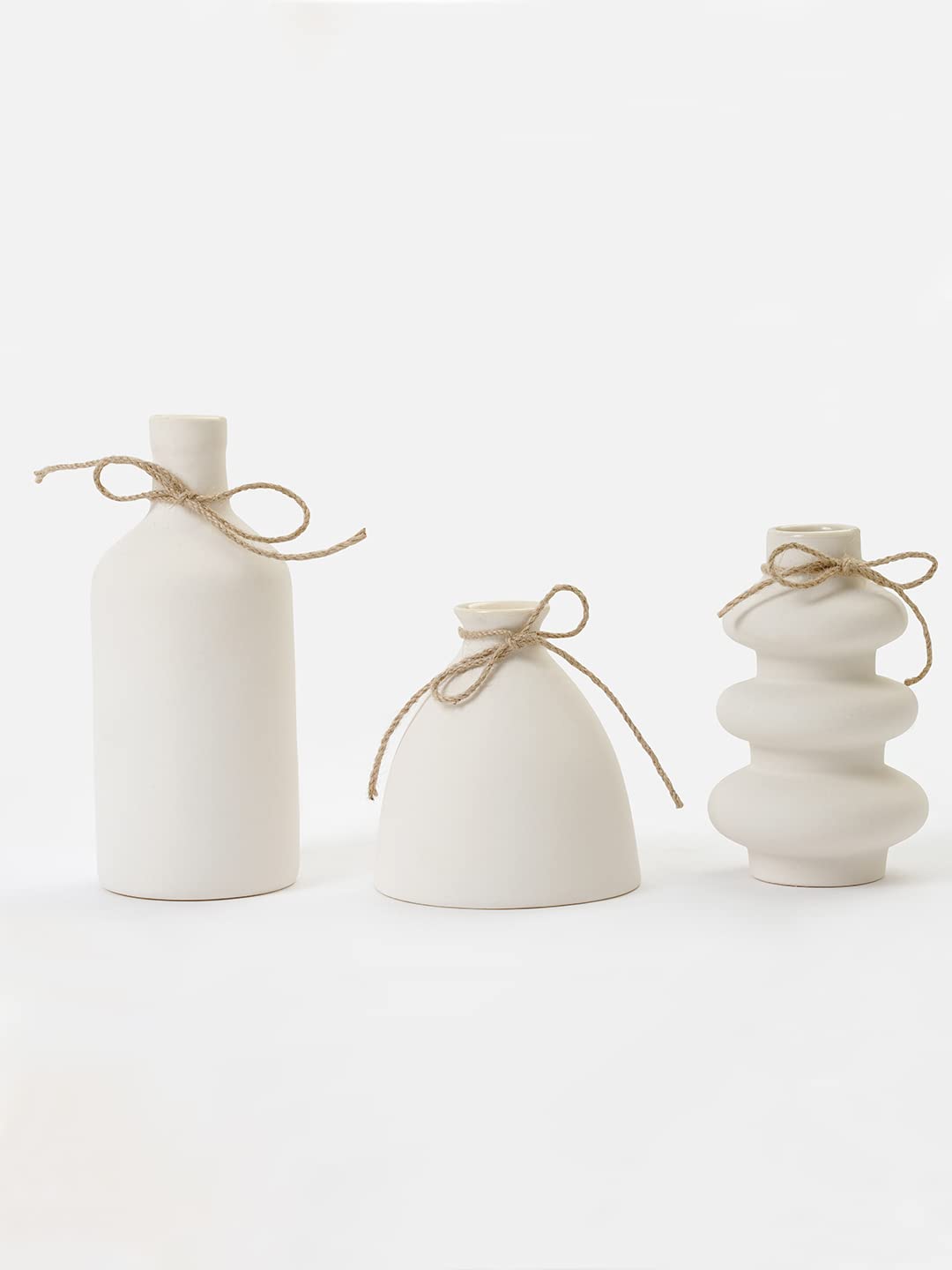 Purezento Konso Family White Ceramic Vase - Set Of 3 | Unique Shape Vases For Modern Home Decor, Shelves, Coffee Tables, Living