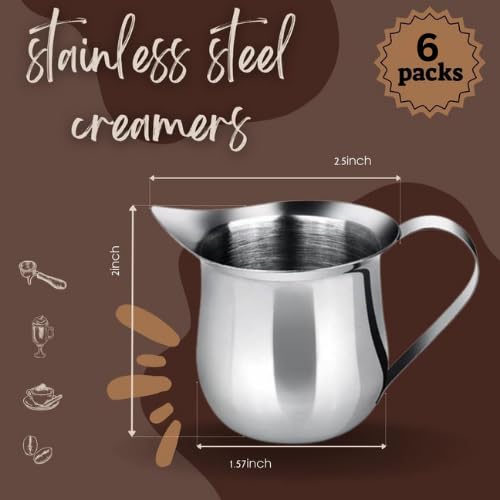 Set Of 6-3Oz - Stainless Steel Creamer Pitchers, Creamer Dispenser, Creamer Metal, Creamer Cup, Restaurant Milk Dispenser, Mini