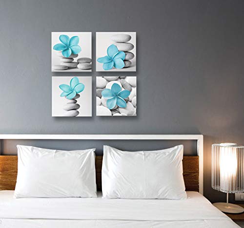 Genius Decor-Modern Bathroom Wall Art Blue Grey Zen Flowers And Pebble Stone Aqua Bedroom Canvas Art For Decoration (Blue)