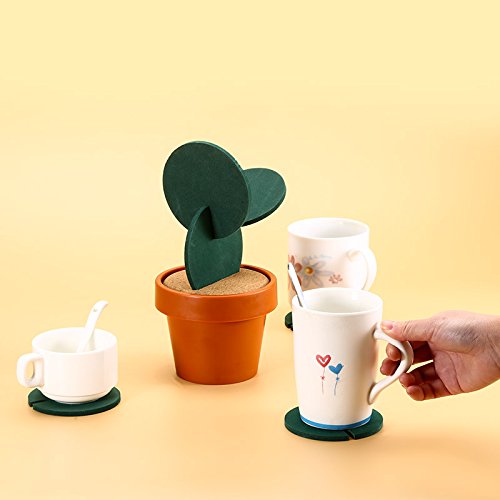 Brccee AC 6-Piece Green Coaster Cactus Set with Flower Pot Shaped Holder for Drinks Coffee Cup (Pure Green)