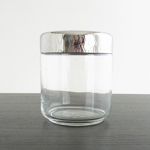Alessi ''Dressed'' Glass Jar Hermetic Lid In 18/10 Stainless Steel Mirror Polished With Relief Decoration, Silver