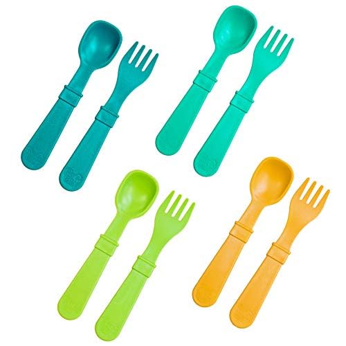 Re-Play Made in USA Toddler Forks and Spoons, Pack of 8 Without Carrying Case - 4 Kids Forks with Rounded Tips and 4 Deep Scoop