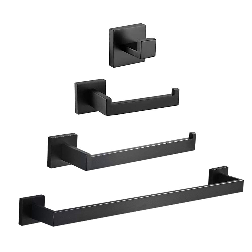 4-Piece Bathroom Hardware Accessories Set, Include 16 Inch Towel Bar, Toilet Paper Holder, Hand Towel Rack, Towel Hook, Matte Bl