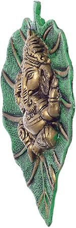 Achleshwar Metal Golden Lord Ganesha on Green Leaf wall hanging Sculpture Decorative Religious Showpiece For Home wall decor,Tem
