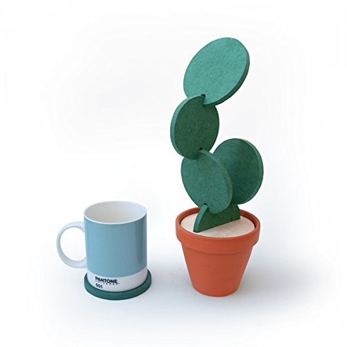 Brccee AC 6-Piece Green Coaster Cactus Set with Flower Pot Shaped Holder for Drinks Coffee Cup (Pure Green)
