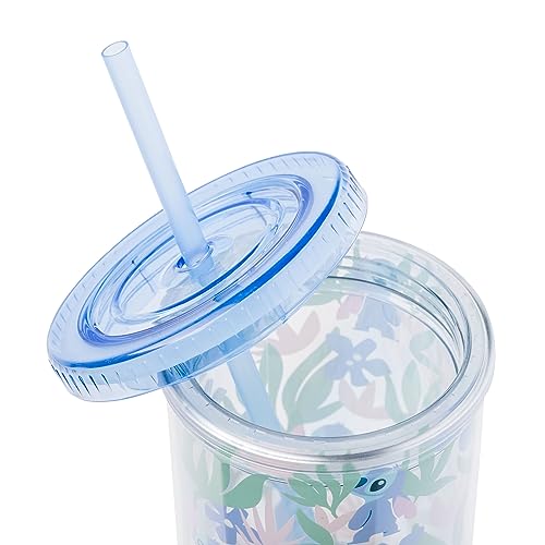 Silver Buffalo Disney Lilo And Stitch Cute Floral And Leaves Pattern Plastic Tall Cold Cup With Lid And Straw, 20 Ounces