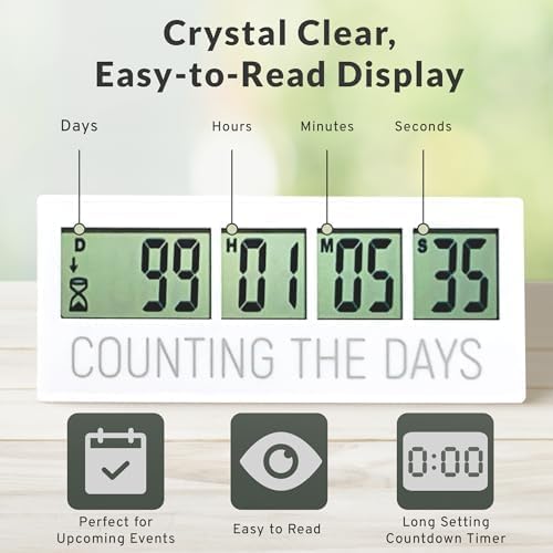 Countables Countdown Clock - LCD Digital Timer for Up to 999 Days, Easy to Read, White, Model C201