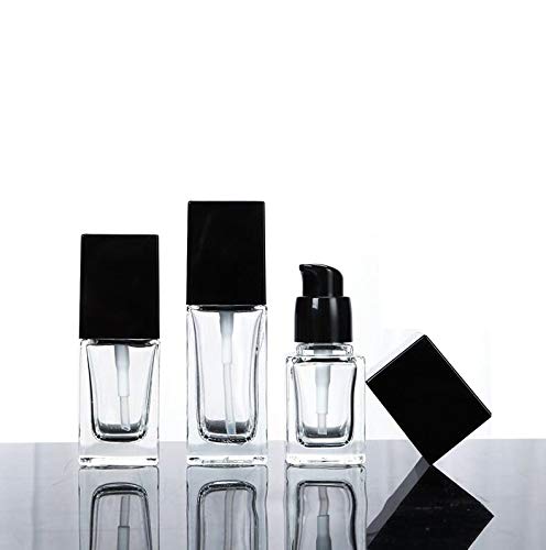 2Pcs 1Oz Square Glass Pump Bottles Clear Lotion Containers With Black Pump Head Empty Travel Vials For Foundation Cleanser Essen