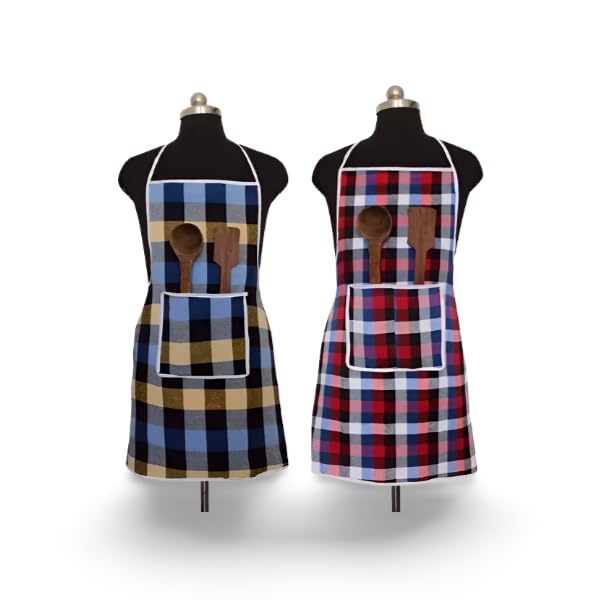Revexo Unisex Kitchen Checkered Design Apron With 1 Front Centre Pocket With Adjustable Strap (Pack Of 2) Rev338