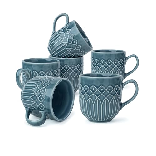 Shay Ceramic Coffee Mug Set, Set Of 6, 330Ml, Blue Grey Carving | Medium Mug | Glossy Finish | Porcelain Coffee Cup Set | Microw
