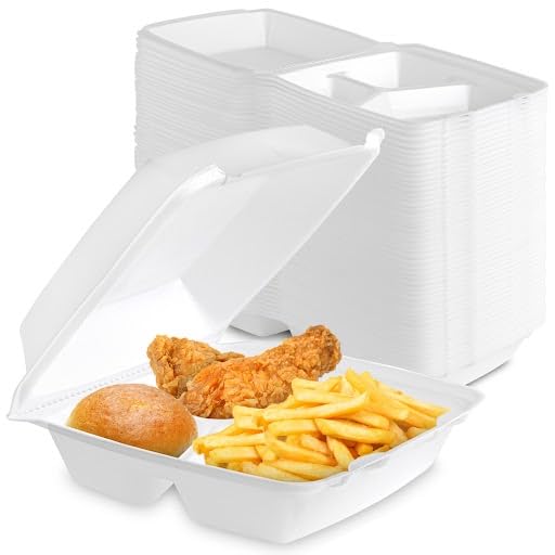 Stock Your Home 8X8 Clamshell Take Out Boxes (25 Pack) Medium 3-Compartment Foam Food Containers Disposable Lunch Container, Res