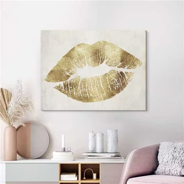 7Canvas Gold Wall Decor Glam Lip Wall Art Romantic Kiss Lip Artwork Canvas Print Picture For Bedroom Wall Bathroom Makeup Room D