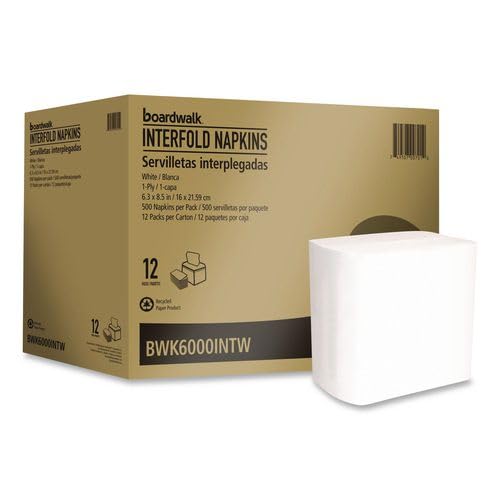 Boardwalk Interfold Napkins, 8.8 x 6.3, White Color, 6000 Count, Dispenser Refill, Strong & Absorbent, Made in the USA