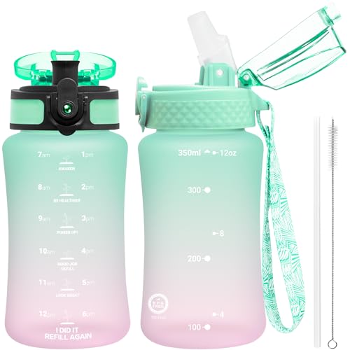 OLDLEY Kids Water Bottle for School  12 oz (2 lids) BPA-Free Reusable Leak-proof Durable Tritan Plastic Water Bottles with Straw & Chug Lids  Anti-dust Spout Cover (Mintpink)