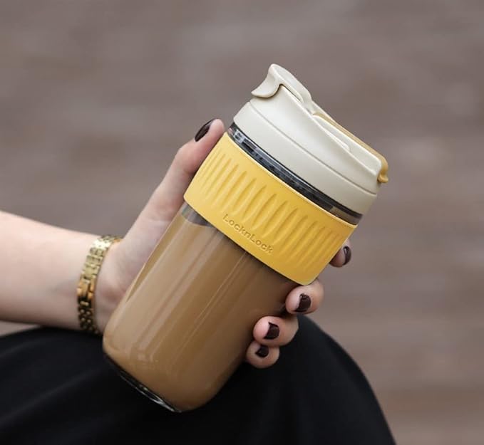 Gretzomall Reusable Glass Coffee & Juice Mug Shaker With Lid & Straw, Thick Glass Tumbler 500Ml, AntiSlip Silicone Band, LeakP