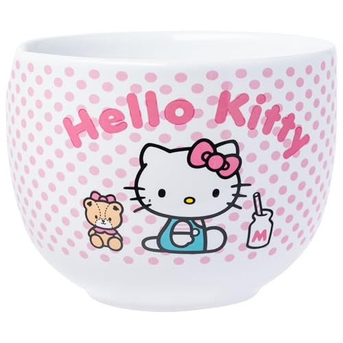 Silver Buffalo Sanrio Hello Kitty Pink Polka Dot Teddy And Strawberry Milk Ceramic Ramen Noodle Rice Bowl With Chopsticks And Sp