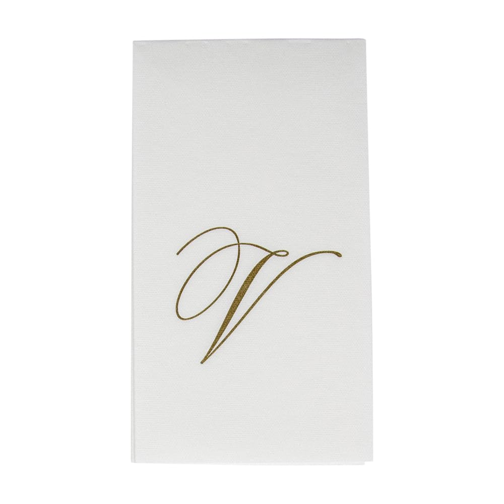 Caspari White Pearl & Gold Paper Linen Boxed Guest Towel Napkins In Letter V - Three Packs Of 24