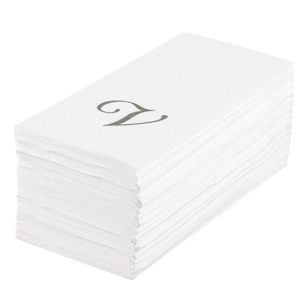 Luxenap 15.8 X 7.9 Inch Linen-Feel Guest Towels, 50 Disposable Striped Hand Towels - Silver Letter 'V', Cursive Font, White Pape