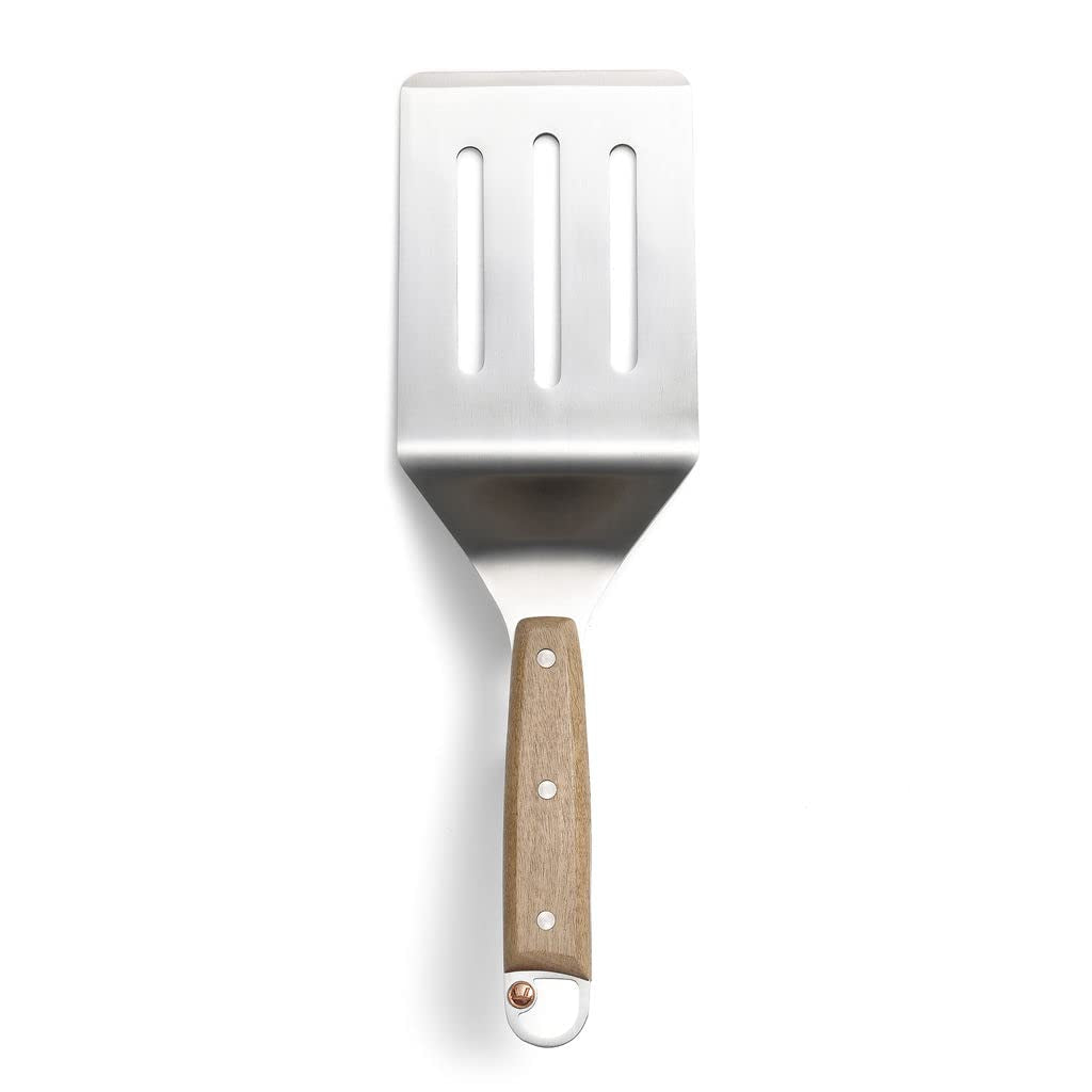 Outset Jackson Stainless Steel Slotted Grill Spatula, Acacia Wood Handle, Silver, 14.6X4.2X1.6''