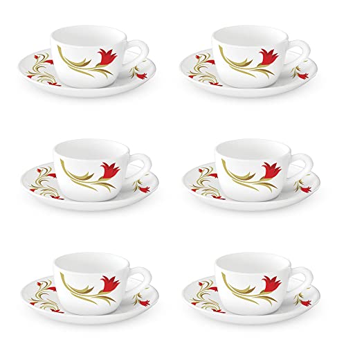 Larah By Borosil  Red Lily (Lh) Opalware Cup And Saucer Set, 145Ml, 12Pieces, White And Red Lilly