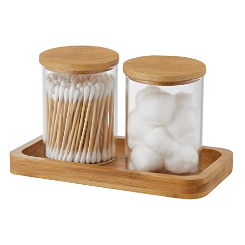 Bamboo Vanity Tray, Bathroom Tray Organizer Glass Qtip Holder Dispenser Apothecary Jars For Cotton Swabs Balls, Round Pad, Perfu