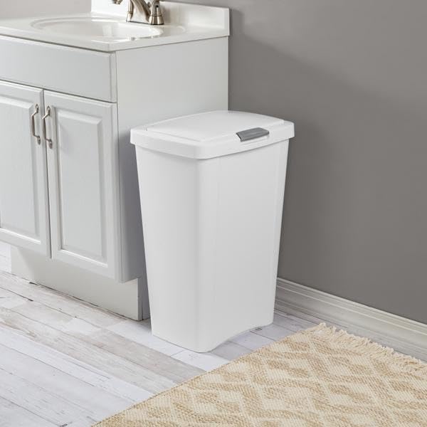 Sterilite 13 Gallon Touchtop Wastebasket W/ Lid, Opens With Touch, Trash Can For The Kitchen Or Mudroom, White, 4-Pack