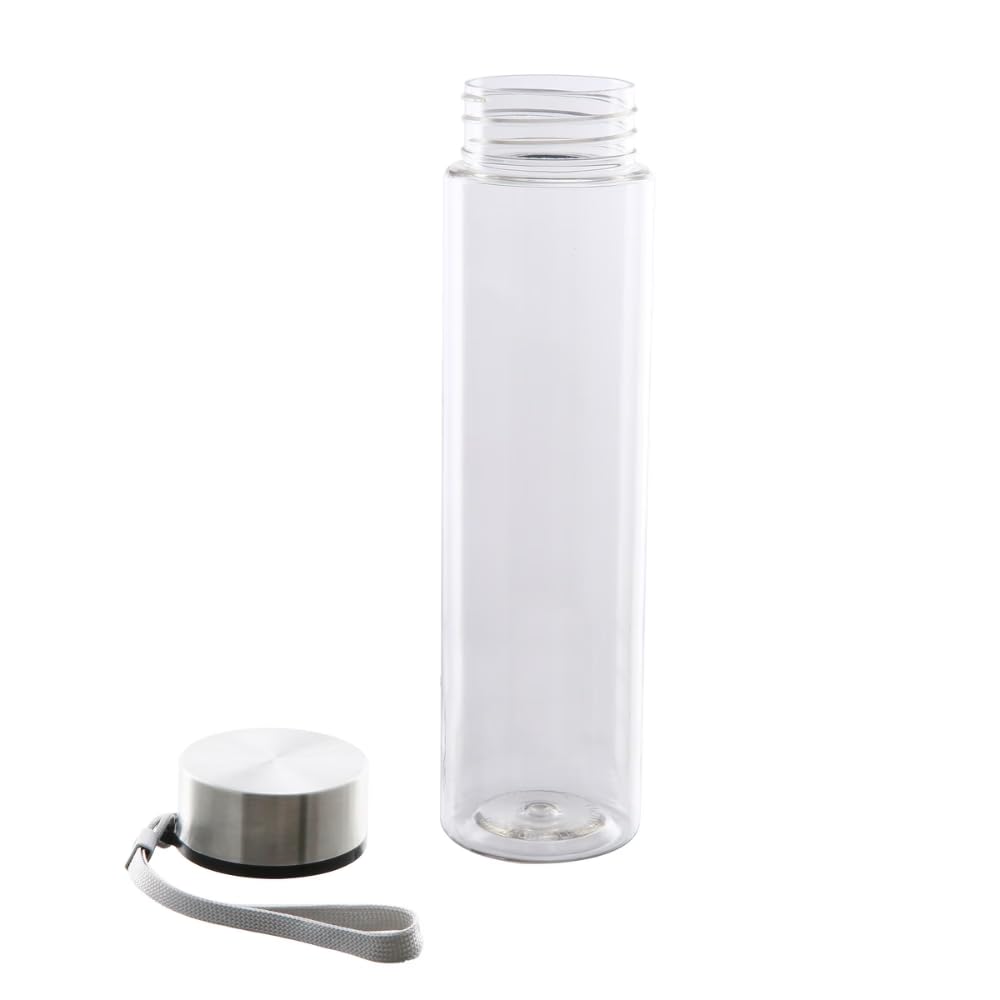 SIT MART 18 oz Clear Plastic Water Bottle with Stainless Steel Screw Cap and Carry Strap  Reusable Drinking Bottle for Travel, 