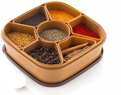 Aglor Masala Rangoli Box Dabba For Keeping Spices, Spice Box For Kitchen, Plastic Wooden Style Masala Box, Masala Container, Mas