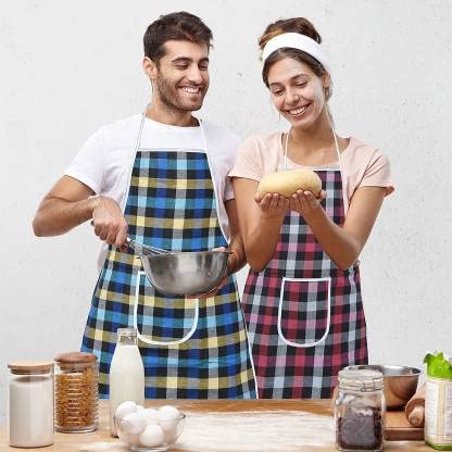 Safeeno Set Of 2 Multicolor Cotton Kitchen Apron With Front Utility Pocket  Check Design Cooking Apron For Baking, Bbq & Kitche