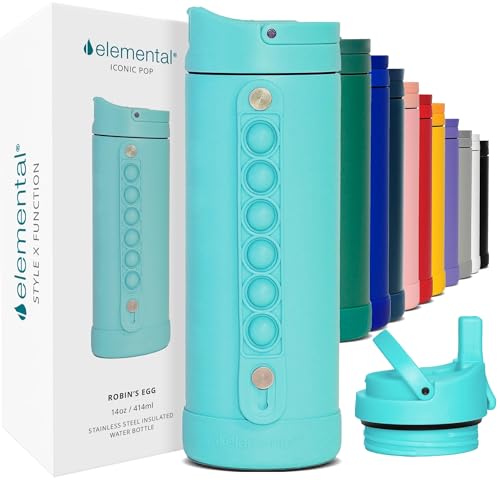 Elemental Iconic Kids Water Bottle With Straw Lid & Stress Reliever Pop It Handle, Leak-Proof When Closed, Triple Insulated Stai