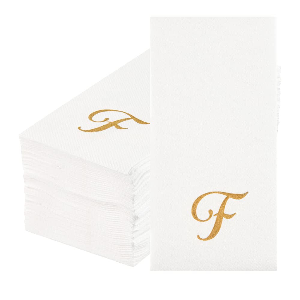 Luxenap 15.8 X 7.9 Inch Linen-Feel Guest Towels, 50 Lettered Hand Towels - Gold Letter 'F', Cursive Font, White Paper Dinner Nap