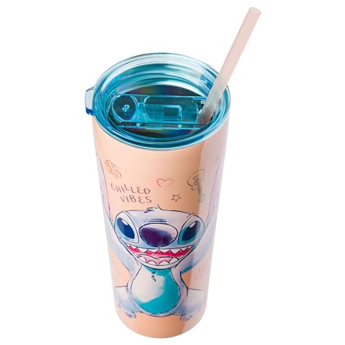 Silver Buffalo Disney Lilo And Stitch Island Doodles Chilled Vibes Double Walled Stainless Steel Tumbler With Straw, 22 Ounces