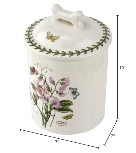 Portmeirion Botanic Garden 7'' Pet Treat Jar With Lid | Sweet Pea Motif | Bone Shaped Handle | Fine Porcelain | Dishwasher, Micr