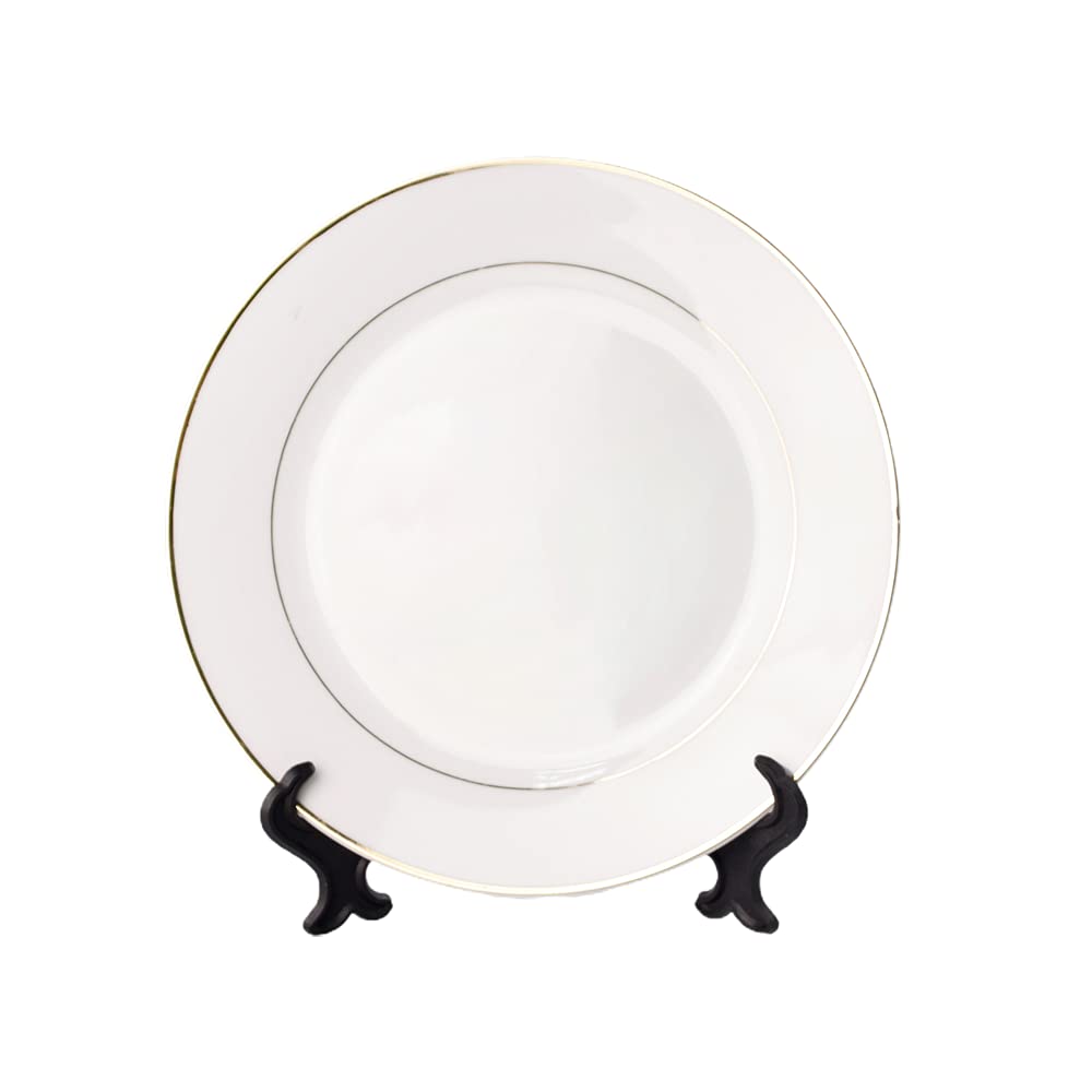 Mr.R Set Of 2 Sublimation Blanks White Ceramic Gold Rim Plate With Stand,Porcelain Plates, 8 Inch Round Dessert Or Salad Plate,
