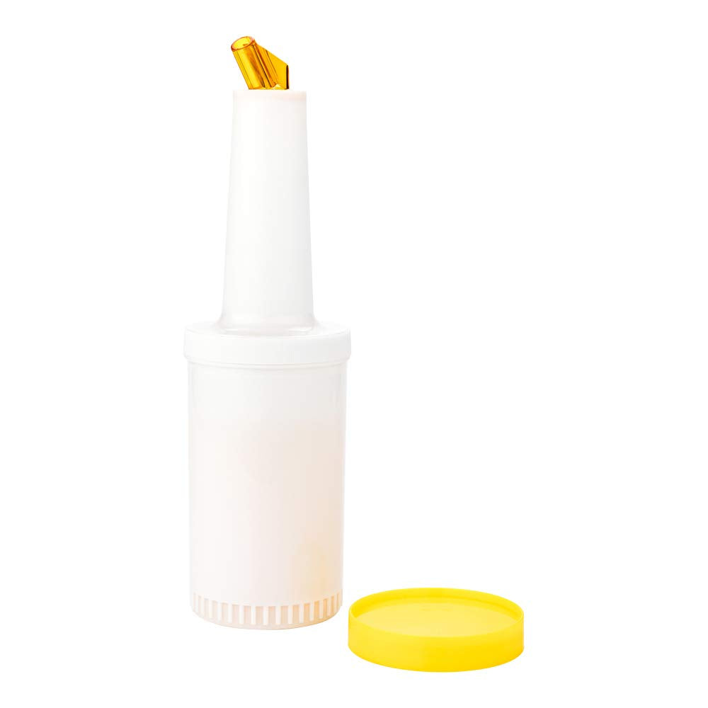 Restaurantware 1 Qt Plastic Quick Pour Storage Container Bottle - With Yellow Spout And Lid - Bar Storage Bottle - 3 1/2'' X 3 1