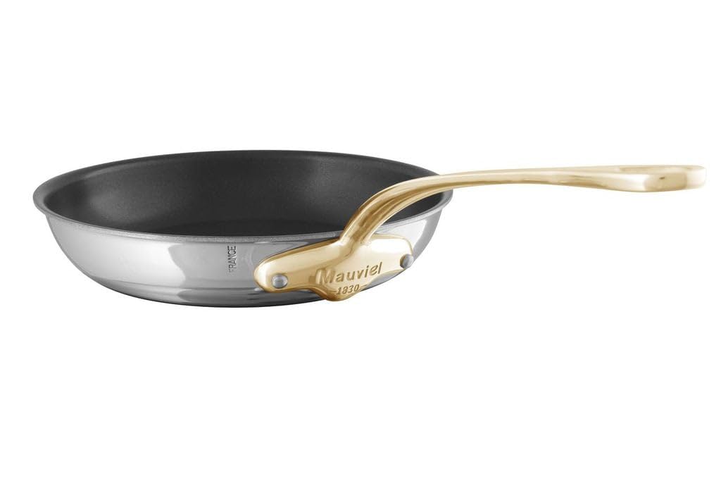 Mauviel MCook B 5-Ply Polished Stainless Steel Nonstick Round Frying Pan With Brass Handle, 10.2-in, Made In France