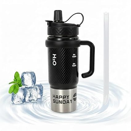 Mixen Reusable Water Bottle With Carry Handle, Leak Proof Straw Lid Sports Bottle For Gym, Office, Travel, Outdoor Use (Black)