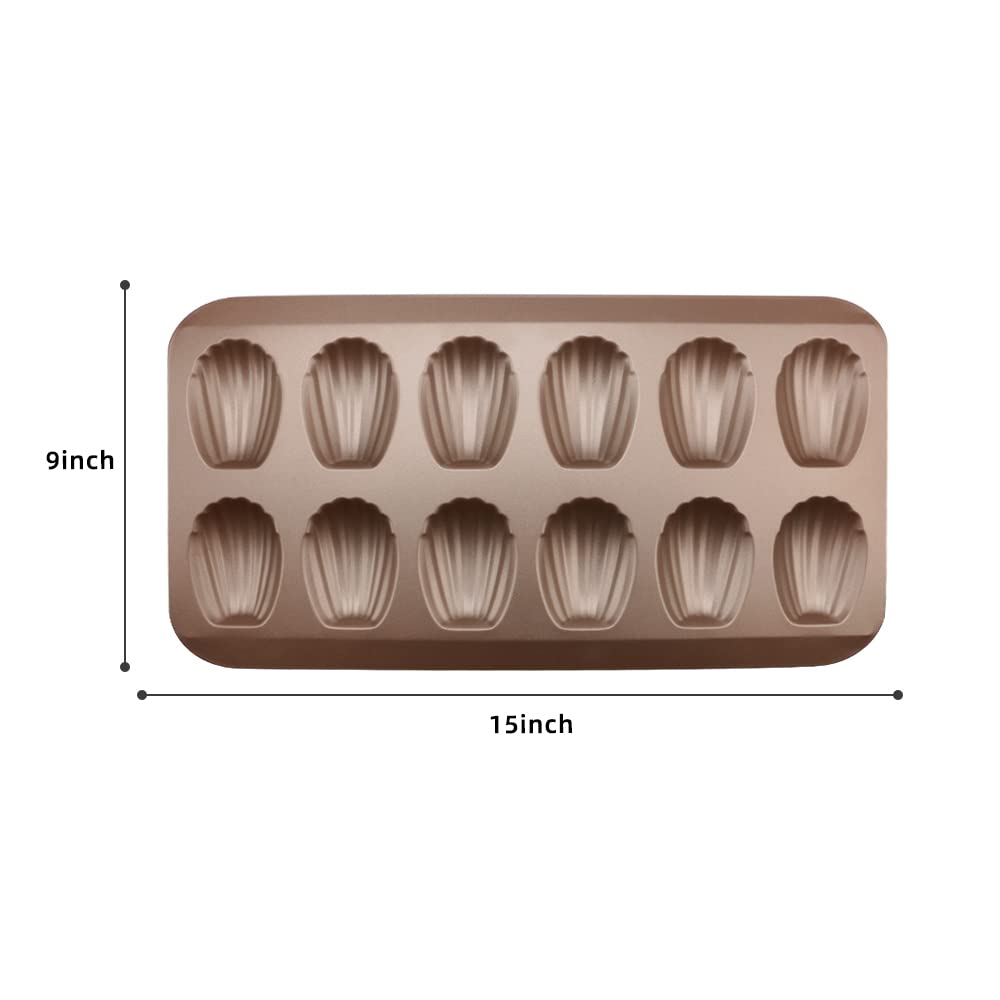 2 Pack Madeleine Pans For Baking, 12 Cavity Heavy Duty Shell Shape Baking Mold Nonstick Cookie Cake Pan For Oven(Gold)