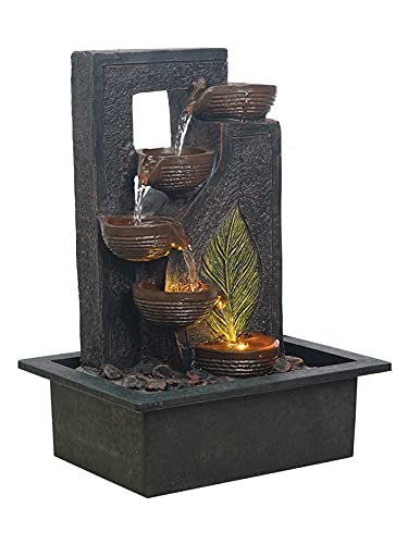 CHRONIKLE Polyresin Table Top Black 4 Diya Steps & Green Leaf Design Indoor Waterfall Fountain for Home Decor with LED Lights &