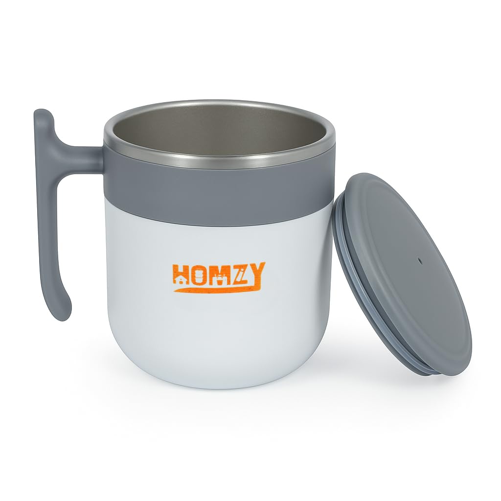 HOMZY Insulated Stainless Steel Mug with LID & Handle  300ML Travel Coffee Cup | Double Wall Thermal Cup for Office, Tea, Milk,