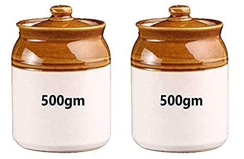 Shriyam Craft Ceramic Pickle Jar Set With Lid  500Ml, 2 Pcs, Multicolor
