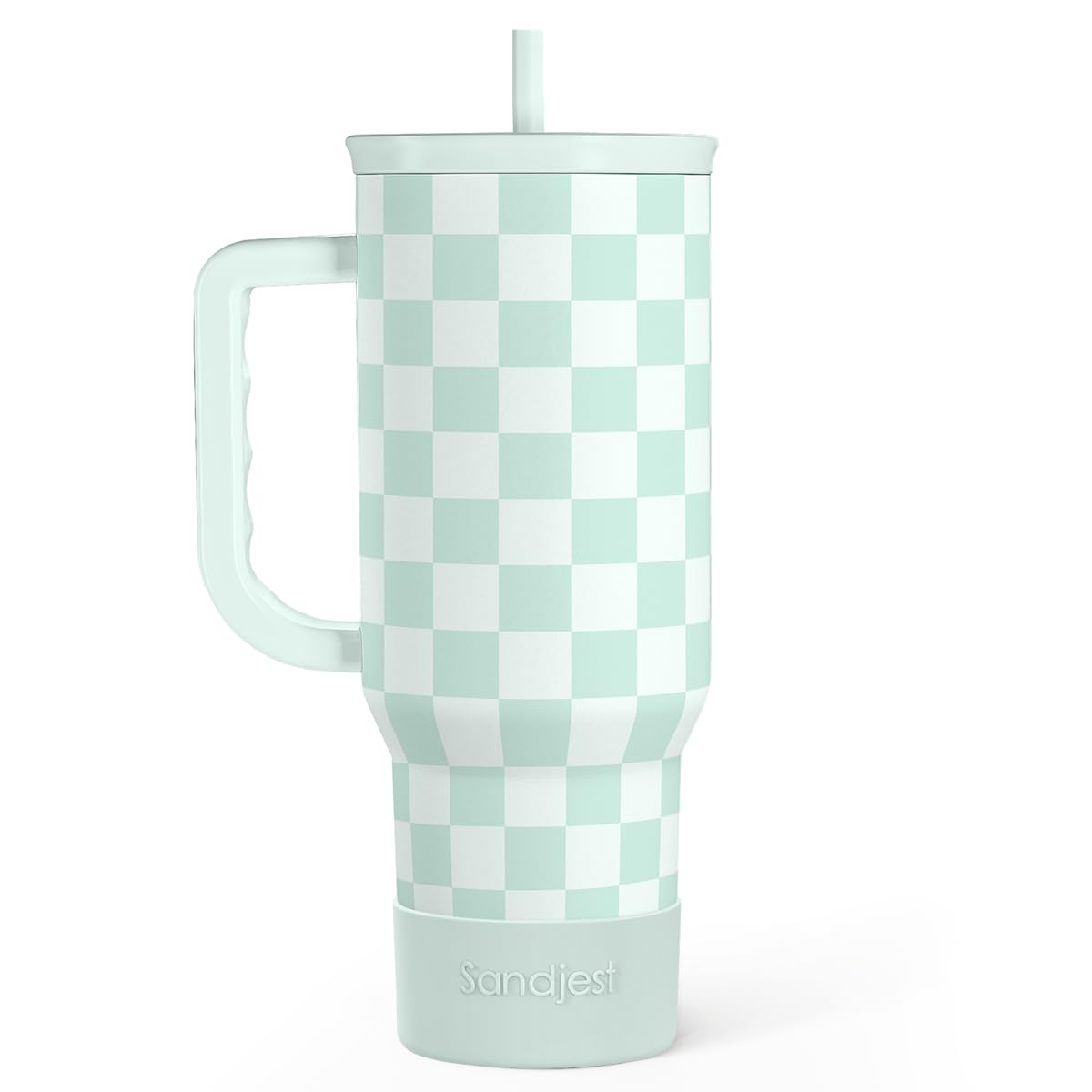 SANDJEST Checkered Tumbler with Handle 40oz, Mint Checker Cup Stainless Steel Insulated Tumblers Coffee Travel Mug Cups with Str