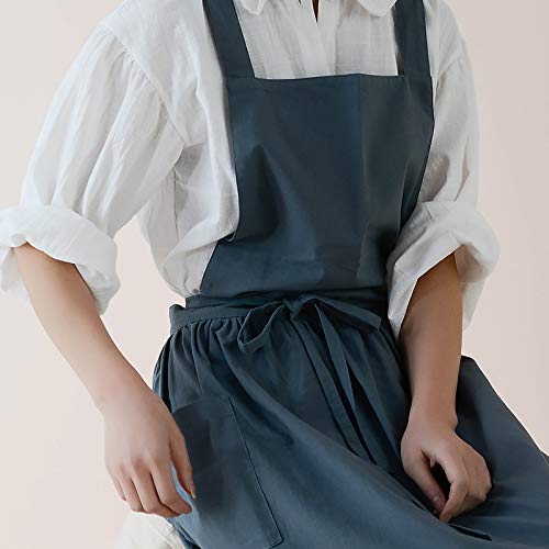 Vlzufe Women Cotton Linen Cross Back Apron For Gardening Works Pinafore Dress With Pockets Navy