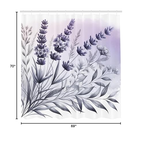 Ambesonne Lavender Shower Curtain, Muted Tones Drawn Leafy Blooms With Dreamy Cloud Details On Plain Back, Cloth Fabric Bathroom