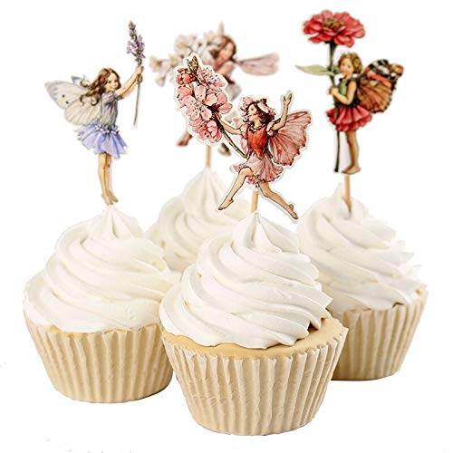 Imagitek 48 Pack Pretty Fairy Flower Cupcake Topper Picks, Cake Toppers Decorations For Fairy Flower Theme Party, Girls' Birthda