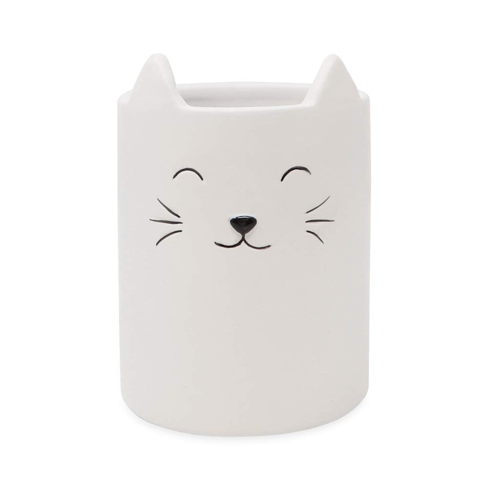 Isaac Jacobs White Ceramic Cat Makeup Brush Holder, Multi-Purpose Cup Organizer. Bathroom, Kitchen, Bedroom, Office D  Cor (Sing