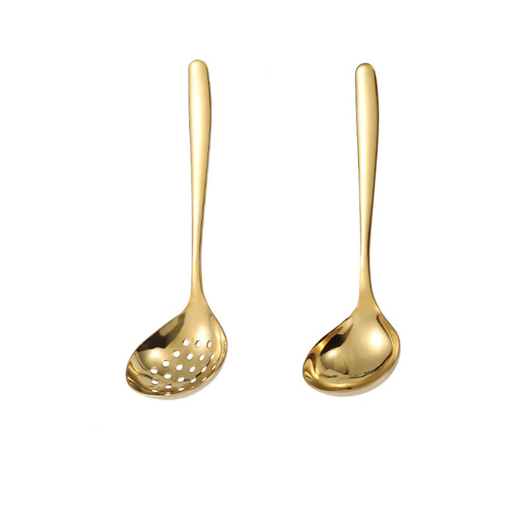 Mbbitl Gold Soup Ladle Colander Slotted Spoon Set Stainless Steel Skimmer Strainer Gravy Hot Pot Server